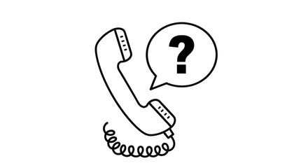 Black and white illustration of a vintage telephone with a question mark in a speech bubble isolated on transparent background