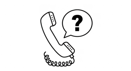 Black and white illustration of a vintage telephone with a question mark in a speech bubble isolated on transparent background