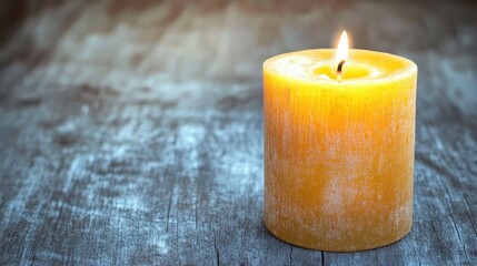 A single lit yellow emergency candle with a bright flame rests on a textured rough wooden surface casting a soft warm glow in the darkness