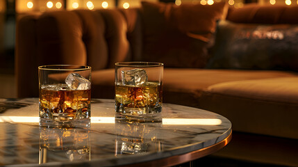 Elegant evening ambiance with whiskey glasses on marble table in cozy setting