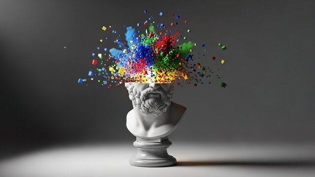 Abstract Sculpture of a White Marble Head Exploding with Colorful Geometric Cubes and Dust