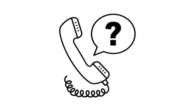 Black and white illustration of a vintage telephone with a question mark in a speech bubble isolated on transparent background - Powered by Adobe