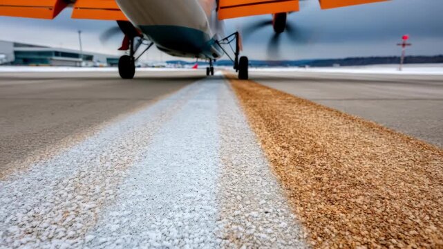 Medium shot focusing on a coated runway surface showing a smooth weatherresistant layer that increases friction and safety during wet and icy weather