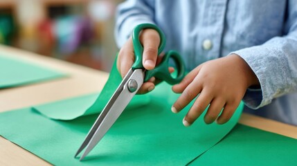 Child using safety scissors to cut green paper at table. Close-up of hands practicing fine motor skills during creative activity at home. Early learning, arts and crafts, childhood development