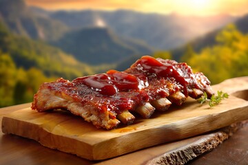 Obraz premium Bbq ribs sauce wooden serving tray background scenic smoky mountain landscape warm sunset cozy feel