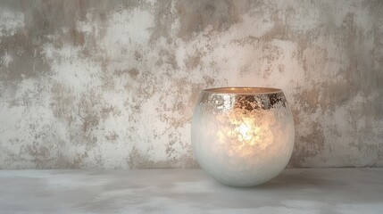 A round frosted glass orb lantern reflecting soft candlelight against a textured gray wall