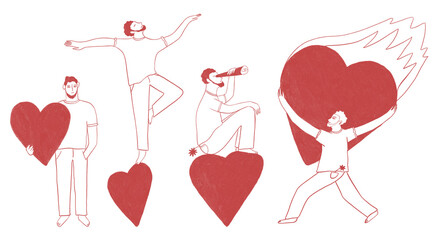 Set of man and big red heart symbol