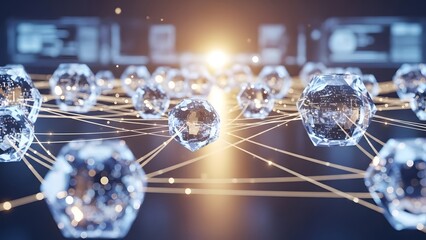 Linked crystal structure with data streams in digital communication network backdrop