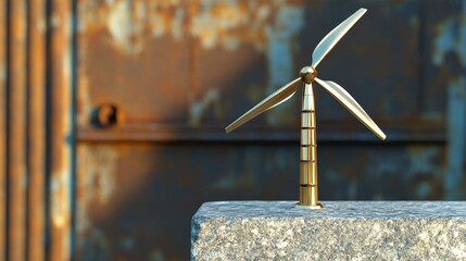 A small polished brass wind turbine sculpture rests on a granite block with a rusty background