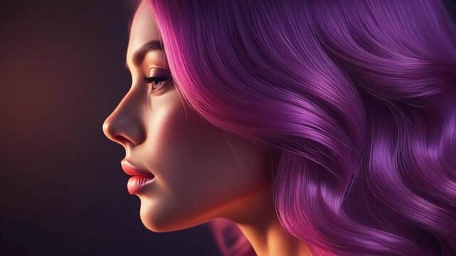 Macro close-up of silky mauve hair strands illuminated by clinical light patterns, woman in profile, 8K.