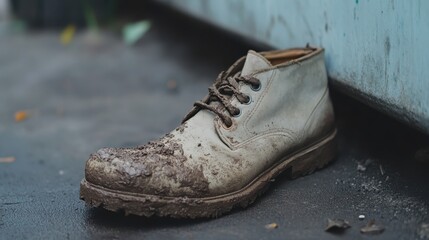 A single mud caked industrial boot left beside an empty space with a textured ground