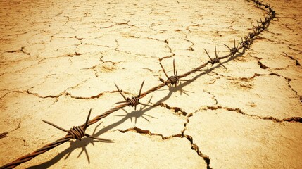 A single strand of rusty barbed wire stretches across a dry cracked earth surface casting a sharp shadow in the harsh sunlight