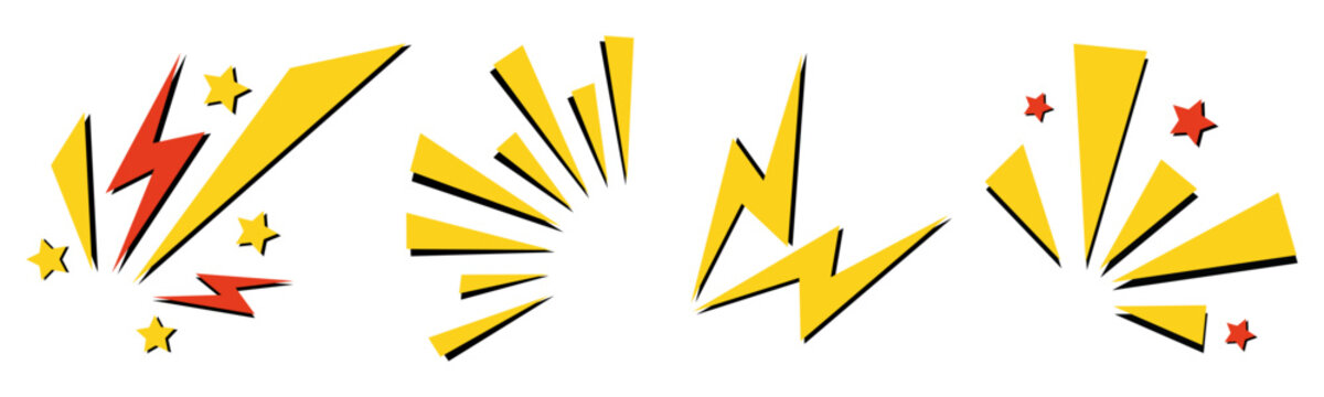 Comic book explosion elements in pop art style. Vector set of yellow rays, lightning strikes, and stars for action scenes, retro posters, and dynamic advertising splash effects decoration.