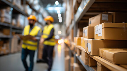 Fototapeta premium Retail warehouse full shelves with goods cardboard boxes faceless workers scan sort packages move inventory pallet trucks product distribution delivery center