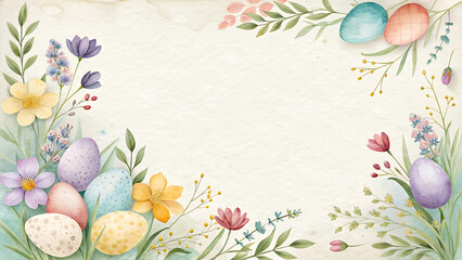 A colorful Easter-themed illustration with flowers and eggs on a white background