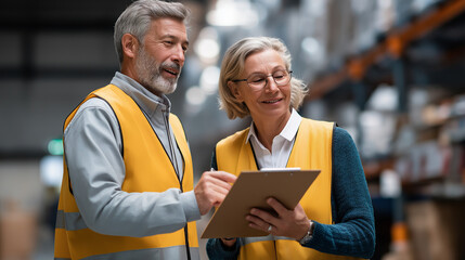 Faceless warehouse management team checking organization distribution storage shipping center  two business people discussing improvement planning logistics