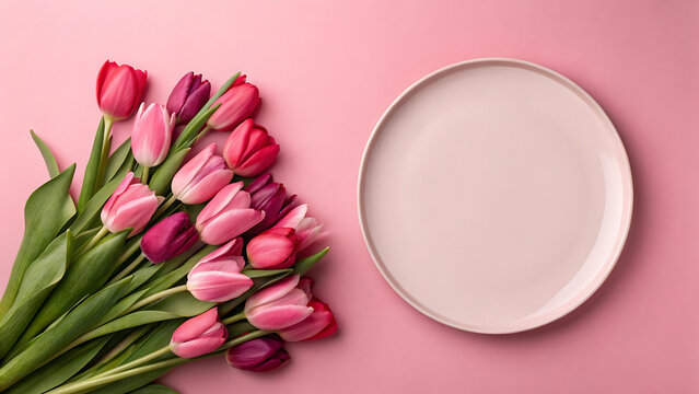A bouquet of pink and purple tulips next to an empty white plate on a pink background
