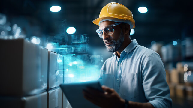 Faceless warehouse worker scans stacked cartons holographic charts display real time inventory levels  data driven logistics supply chain efficiency defocused - Powered by Adobe