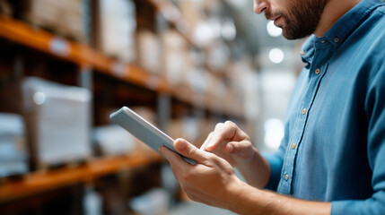 Faceless warehouse worker manager checks stock inventory using digital tablet computer retail warehouse  full shelves goods logistics distribution center defocused
