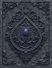 Obraz premium Intricate carved stone design showcases symmetry with a central gem featured prominently against a textured dark background.
