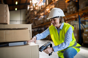 Senior warehouse woman worker working with barcode scanner.
