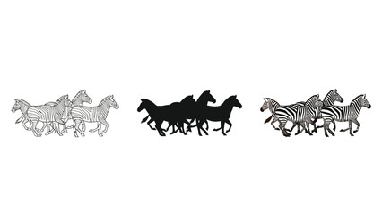 Fototapeta premium Set of three stylized running zebra illustrations detailed line art, solid black silhouette and realistic striped pattern