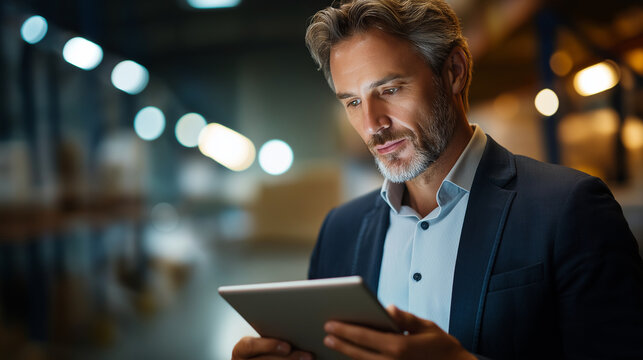Faceless warehouse worker manager checks stock inventory using digital tablet computer retail warehouse  full shelves goods logistics distribution center defocused