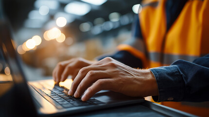 Faceless worker in warehouse using computer for logistics inventory management supply chain  distribution operations technology efficiency professional oversight