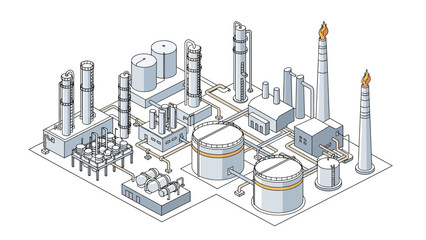 Obraz premium Isometric industrial complex illustration oil refinery or chemical plant with tanks, units, and flaring stacks, symbolizing energy and manufacturing