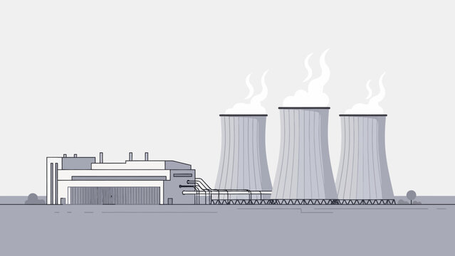 Monochromatic flat illustration of a large industrial nuclear power plant featuring cooling towers emitting steam, representing modern energy production and essential infrastructure
