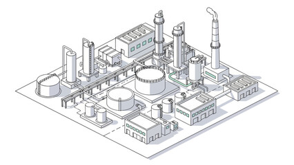 Obraz premium Isometric line art of an industrial factory complex with buildings, storage tanks, and processing units. Represents manufacturing and energy production infrastructure