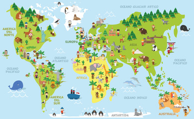 Obraz premium Illustrated Cartoon World Map for Kids. Educational Vector Map with Diverse People, Animals, Landmarks, and Oceans. Colorful Geography Poster for Children with Global Cultural Icons