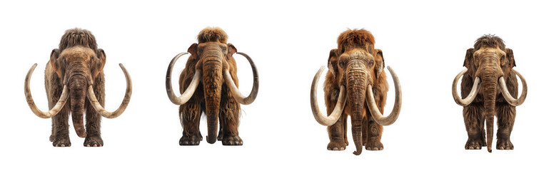 Obraz premium Four depictions of woolly mammoths in varying poses showcasing their iconic tusks on transparent background