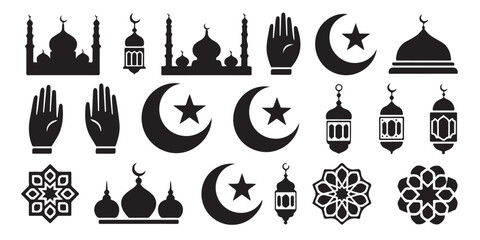 Islamic icon set of mosques hands crescent stars lanterns mandalas and geometric ornaments symbol © MD.RAHIM