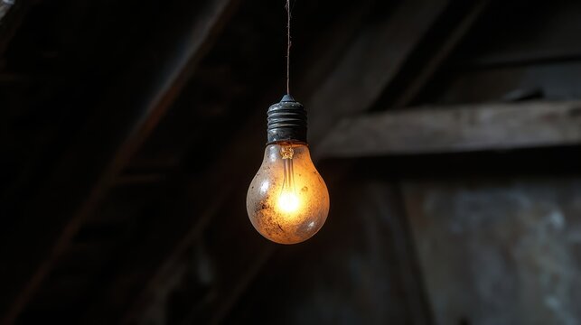 A single vintage incandescent lightbulb hangs precariously from a dark ceiling illuminated by its warm glow