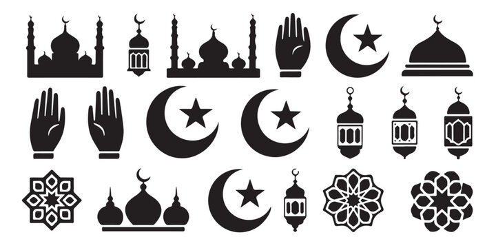 Islamic icon set of mosques hands crescent stars lanterns mandalas and geometric ornaments symbol