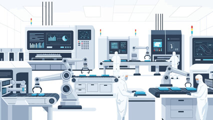 Advanced automated manufacturing facility with robotic arms and workers in protective suits operating high-tech production lines within a sterile cleanroom environment
