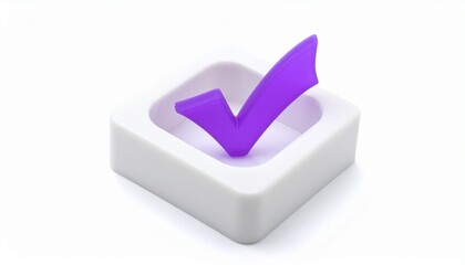 3D purple checkmark floating inside rounded white square box with soft shadows and clean contrast.