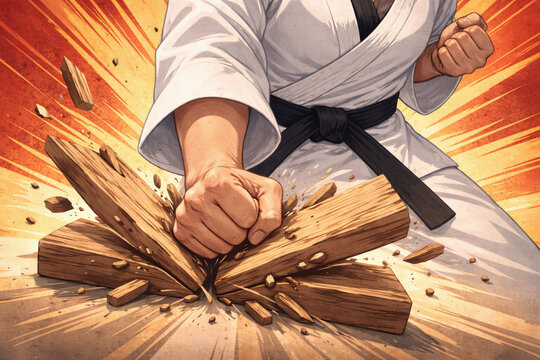 Karate punch breaking wooden board