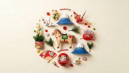 A curated flat lay of Japanese New Year decorations arranged in a circular pattern