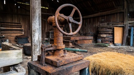 A rusty and seized water pump handle sits unused in an abandoned weathered barn