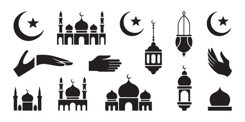 Obraz premium Assortment of Islamic religious symbols including mosques crescent stars lanterns and hands