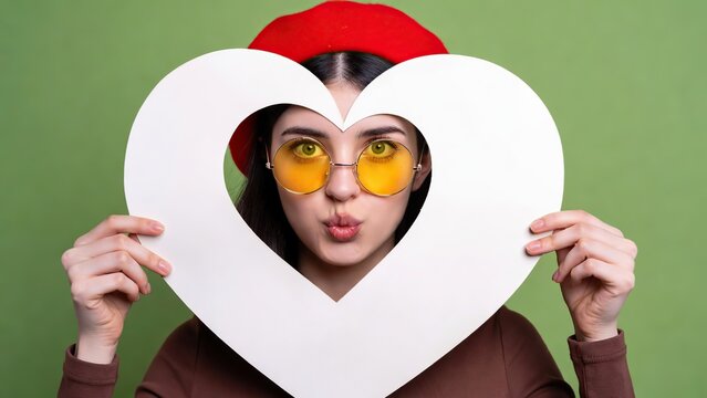 A playful young woman wearing a red beret and yellow sunglasses holds a large white heart-shaped frame over her face, making a kissy face.