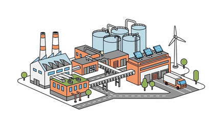 Naklejka premium Eco-friendly industrial complex showcasing sustainable manufacturing with integrated renewable energy solutions like solar panels and wind power generation