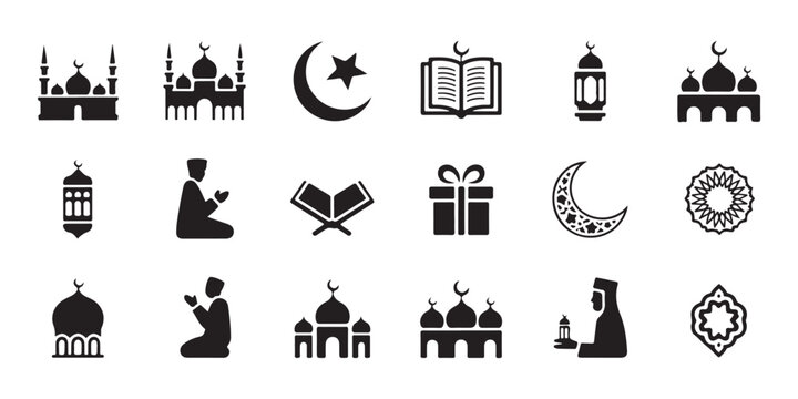 Ramadan kareem islamic symbols icon set muslim culture signs mosque lanterns prayer silhouette