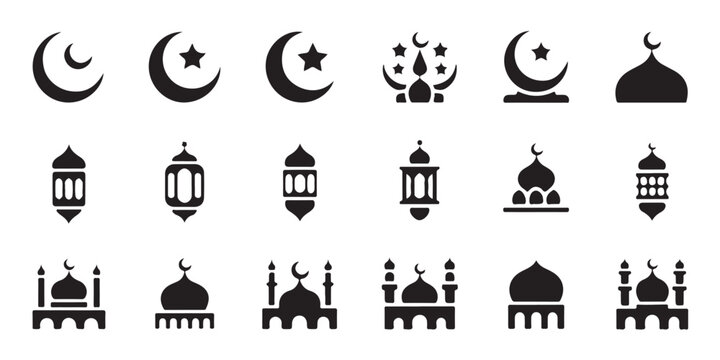 Ramadan kareem icon set islamic symbols muslim holiday signs crescent mosque lantern collection