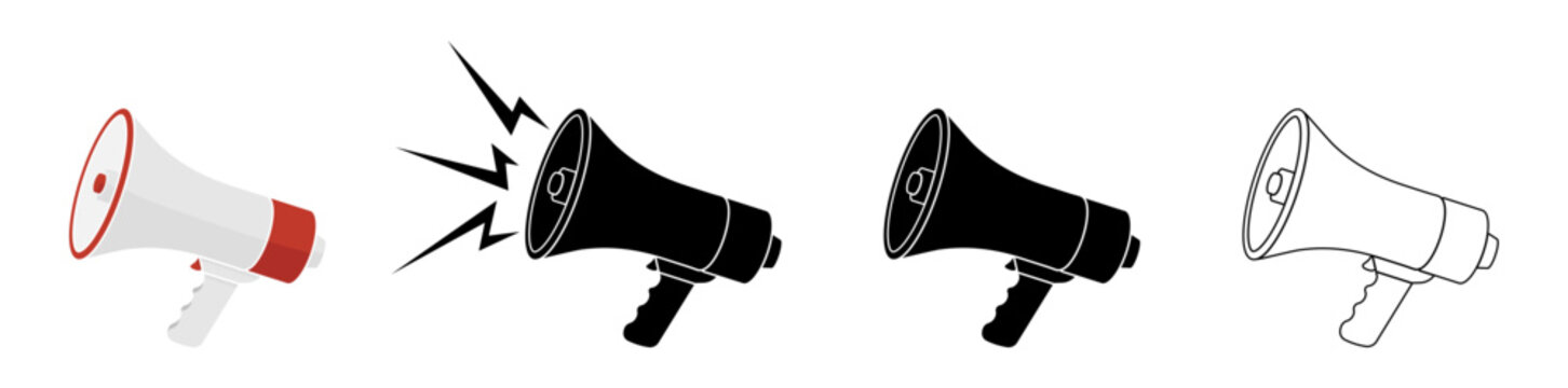 Set of megaphone icons in black and white, outline and color styles, without background.