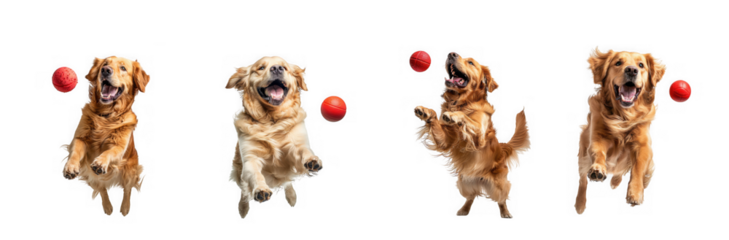 A golden retriever happily catching a red ball in a dynamic sequence on transparent background