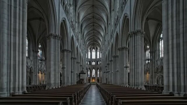 Majestic cathedral interior with symmetrical aisle and ornate columns in series of atmospheric frames