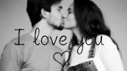 A loving couple shares a tender kiss, beautifully captured in black and white, with the handwritten text "I love you" overlaid.
